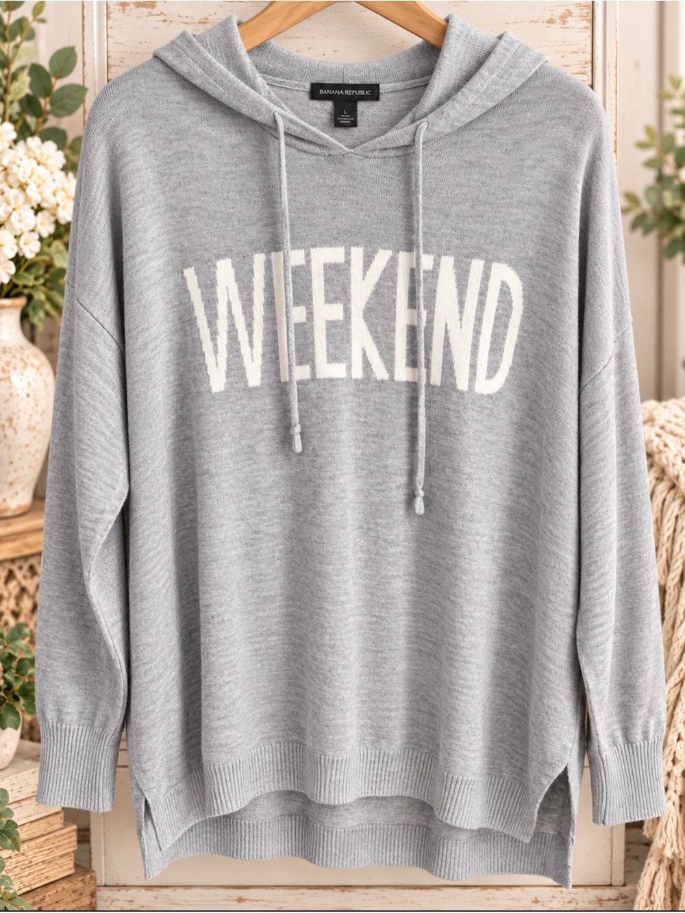 Rachel Zoe Light Gray Hooded Knit Pullover with Cream 'WEEKEND' Lettering